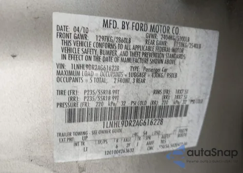 2010 Lincoln Mks from USA, damaged, VIN 1LNHL9DR2AG616228